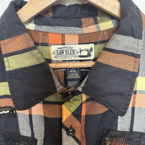 Raw Blue Mens Plaid Embroidered Button Shirt Size 4XL Grunge Skater Biker Y2K - Picture 3 of 16